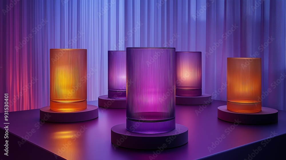 Poster a row of colorful glass vases with a purple one in the middle. the vases are lit up and arranged on 