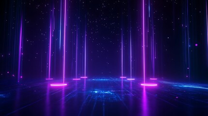 Futuristic neon lights in a dark digital space with glowing lines and particles, creating a high-tech and sci-fi atmosphere.