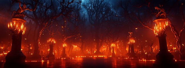 Fototapeta premium Spellbinding Halloween celebration with Gothic fantasy decor, featuring enchanted forests with twisted trees, gargoyles perched on dark stone pillars