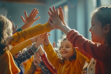 The highfive concept is a concept that celebrates achievements, teamwork, diversity, and friendship amongst children from different multi-ethnic backgrounds.