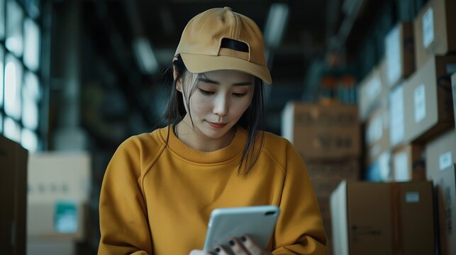 Woman phone call and online logistics startup communication and small business courier on tablet Young entrepreneur seller or supplier talk on mobile digital technology and boxes for e : Generative AI