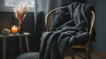 A dark gray blanket draped over a chair, creating a cozy and inviting scene