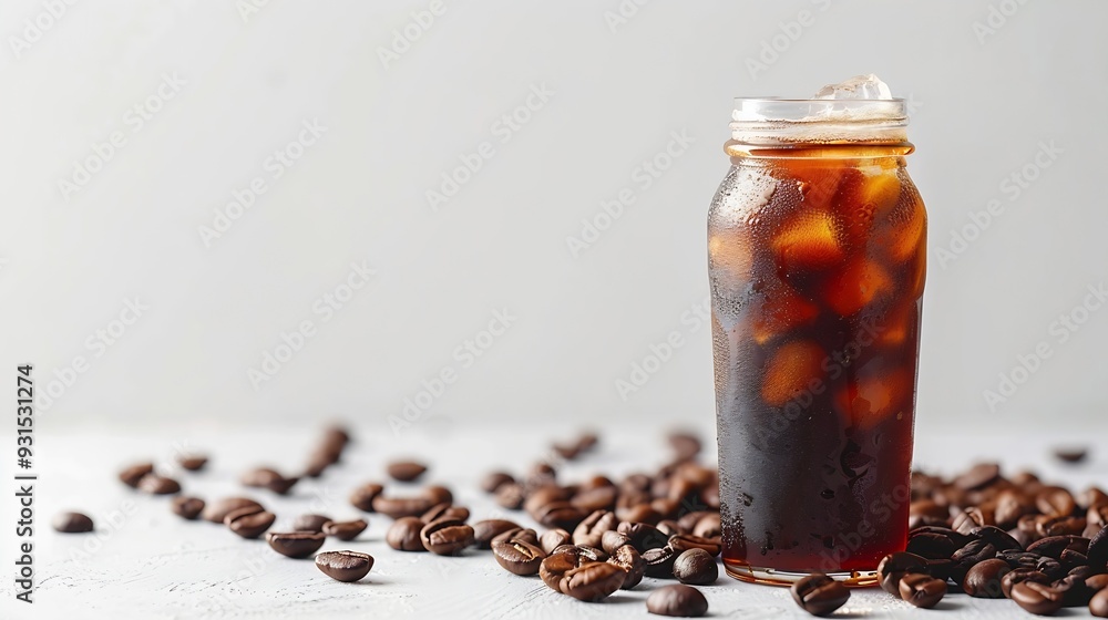 Poster americano ice coffee and coffee bean out of bottle on white background with isolate concept : genera