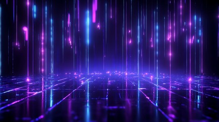 Obraz premium Futuristic neon lights in a digital abstract space, featuring glowing vertical lines and vibrant grids in purple and blue shades.