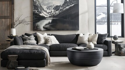 A dark gray sofa in a contemporary living room, accented with white and silver decor