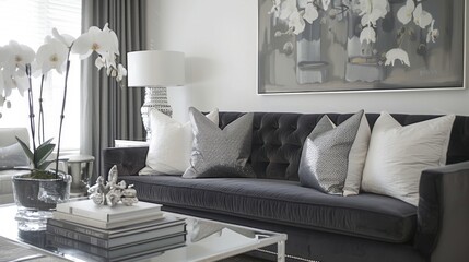 A dark gray sofa in a contemporary living room, accented with white and silver decor