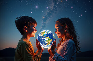 Naklejka premium Two children holding a glowing Earth, symbolizing unity and hope under a starry sky