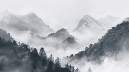 Obraz premium A foggy morning in the mountains, with the peaks barely visible through the gray mist