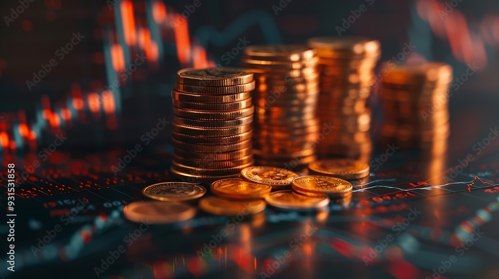 Poster creative growing forex chart and stacked golden coins on dark background with map trade growing inco