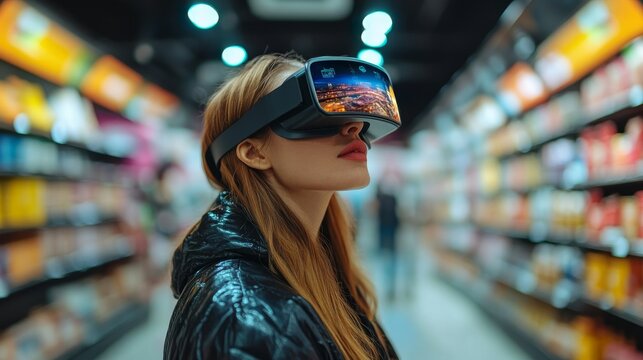 AI-Powered Virtual Shopping Assistants in Augmented Reality: Shoppers using AR glasses to interact with a virtual assistant that helps them find products.
