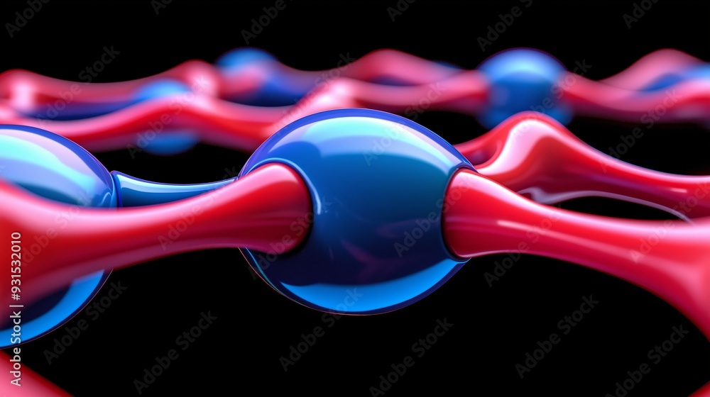 Poster a close up of a series of red and blue spheres. the spheres are arranged in a pattern that resembles