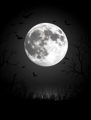 Fototapeta premium Eerie Minimalist Halloween Scene with Ominous Full Moon and Bat Silhouette