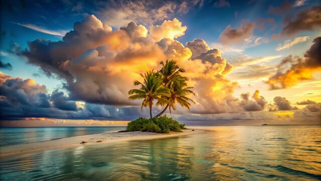 secluded white sand beach tiny island palm tree duo dramatic billowy clouds afternoon golden light warm shallow waters cinematic romantic getaway