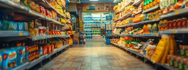 Obraz premium Well-stocked grocery store aisle with various products on shelves