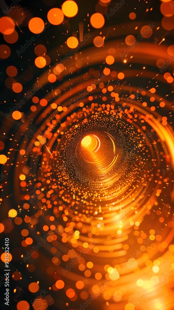 Poster abstract orange glowing background with swirling light particles and bokeh lights