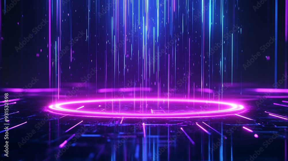 Poster futuristic neon lights with circular glowing elements creating a digital, sci-fi atmosphere. perfect