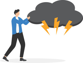 a man in a business suit pushes a black storm cloud,
