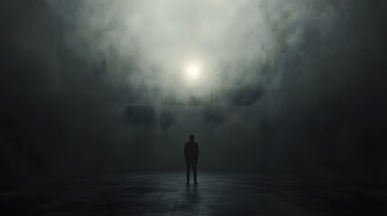 A solitary figure facing a vast, dark void with a single, dim light source in the distance, dramatic and minimalist lighting, mood of being overwhelmed by uncertainty and lack of solutions