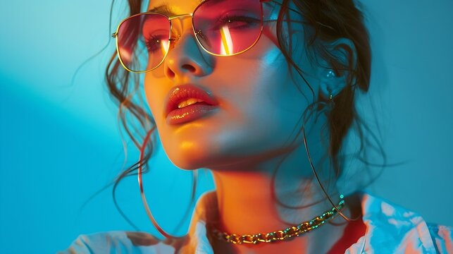 Chic modern style Elegant young woman wearing sarin shirt and golden luxurious jewelry against blue background in neon light Concept of modern fashion trendy style beauty youth culture : Generative AI
