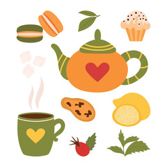 Set of elements for a cozy tea party with delicious pastries, cups, teapot, sugar cubes, rose hips