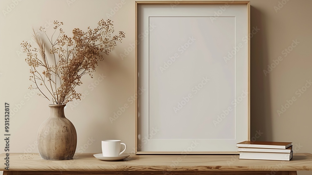 Poster empty wooden picture frame mockup hanging on beige wall background boho shaped vase dry flowers on t