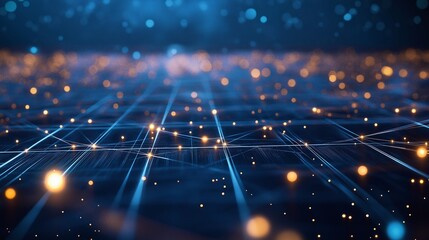 A blue and orange background with many small dots. The dots are scattered all over the background, creating a sense of depth and movement. The blue and orange colors give the image a futuristic