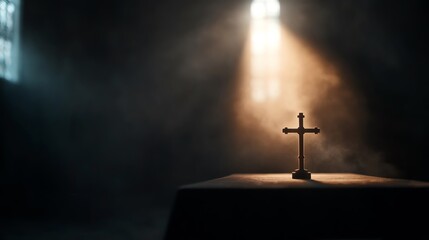 Naklejka premium A serene scene featuring a cross illuminated by soft light, evoking feelings of peace and spirituality in a contemplative atmosphere.