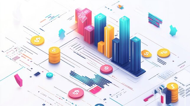 Generative AI 3D style depiction of a growth graph with symbols for buying, selling, and trading on a white background