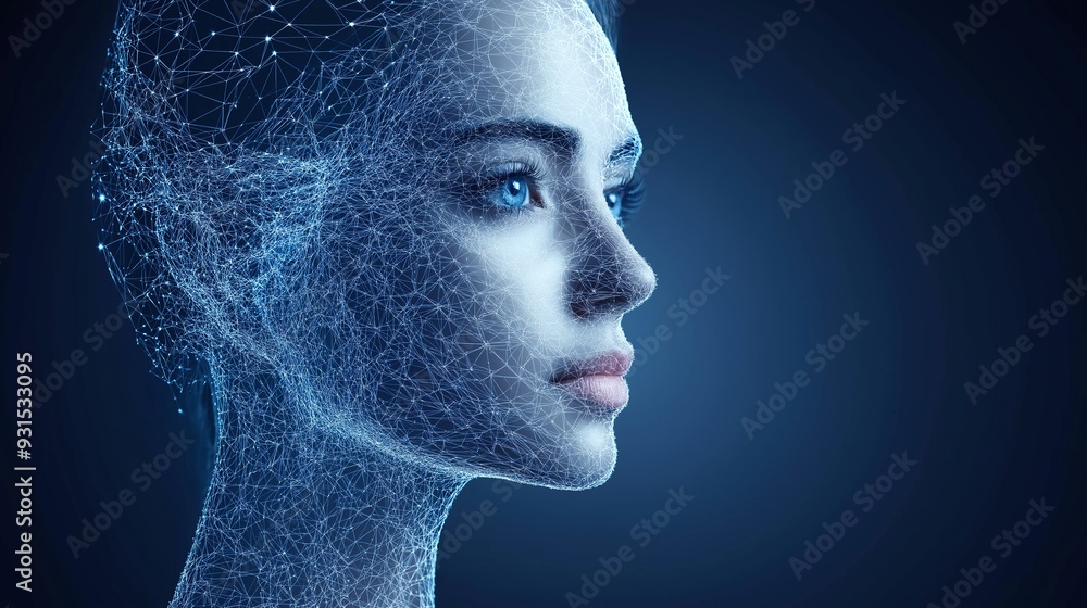 Aufkleber a woman's face is shown in a blue and white color scheme. the image is a representation of a compute