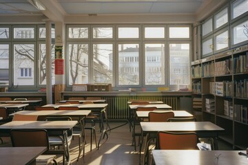 Dutch high school students with desks and chairs in an empty classroom.