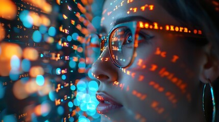 Software coding hologram and woman in data analytics information technology and gdpr overlay Programmer or IT person in glasses reading script programming and cybersecurity research on : Generative AI