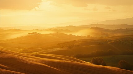 A golden sunset over rolling hills, casting a warm glow across the landscape
