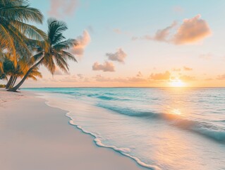 An idyllic tropical beach at sunrise, with soft, white sand and crystal-clear water