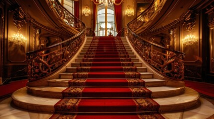 Obraz premium A grand staircase with gold railings and red carpet, leading up to an elegant venue