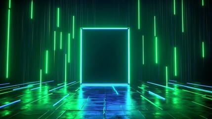 Glowing neon doorway with vertical light lines on a futuristic floor, creating a cyberpunk atmosphere in a digital environment.