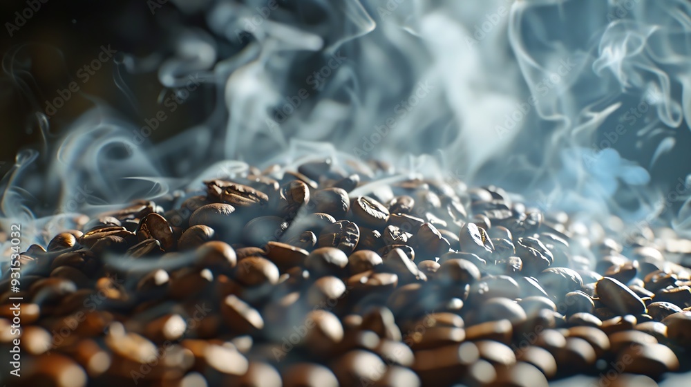 Poster coffee beans roasting with smoke selective focus and soft focus : generative ai