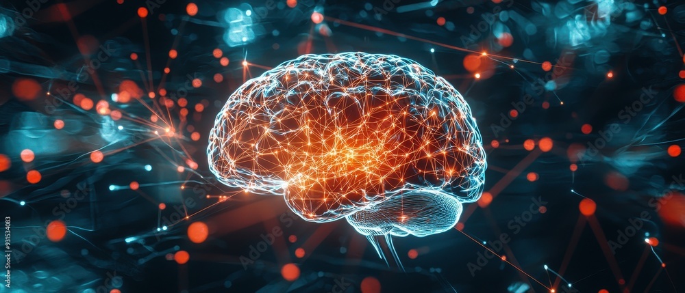 Aufkleber human brain scan overlayed with digital network patterns