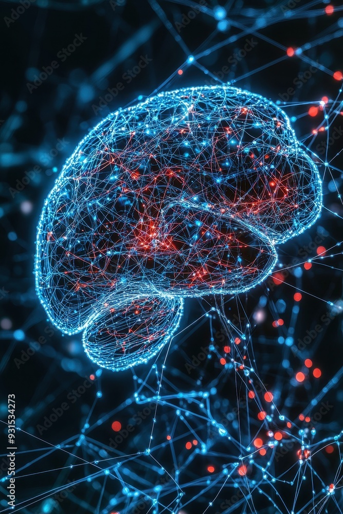 Poster human brain scan overlayed with digital network patterns