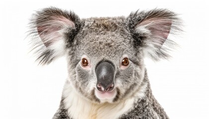 Obraz premium Close-Up of Young Koala with Fluffy Grey Fur and Large Ears, Isolated on White Background, Cute and Detailed Animal Portrait