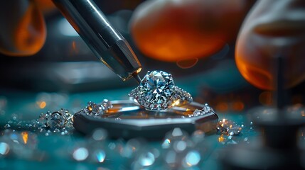 master of jewelry manually inserts gems into the frame of future jewelry Working desk for craft jewelery making with professional tools Sapphire diamond ring on the jewelers desktop : Generative AI