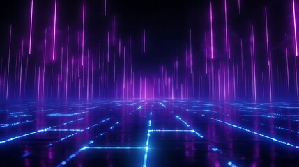 Fototapeta premium Neon glowing grid with vertical lines creating a futuristic cyberpunk vibe, perfect for technology and digital themes.