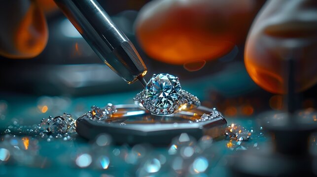 master of jewelry manually inserts gems into the frame of future jewelry Working desk for craft jewelery making with professional tools Sapphire diamond ring on the jewelers desktop : Generative AI - Powered by Adobe
