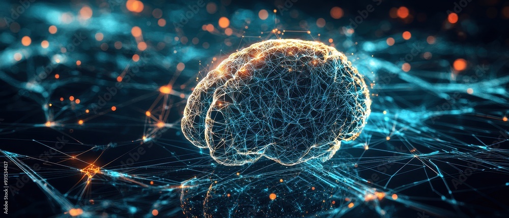 Poster human brain scan overlayed with digital network patterns