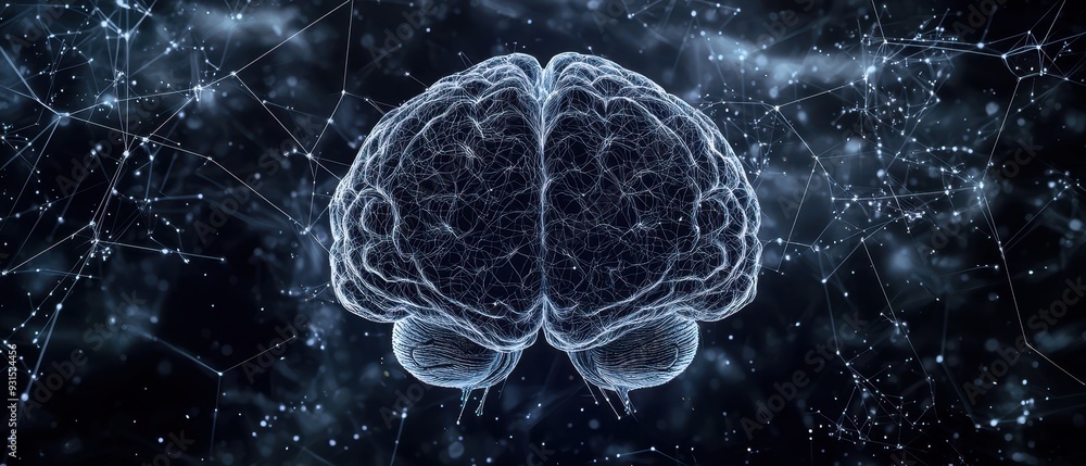 Poster human brain scan overlayed with digital network patterns