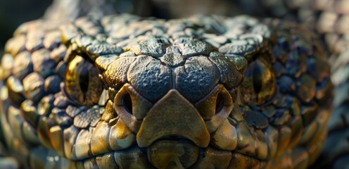 Obraz premium Detailed Close-Up View of Snake Head with Focused Alert Eyes and Scales Texture, Intense Gaze, Natural Lighting