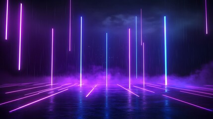 Fototapeta premium Neon lights and mist create a futuristic ambiance with blue and purple laser beams reflecting on the glossy floor.
