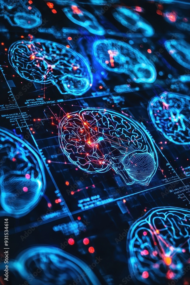 Poster human brain scan overlayed with digital network patterns