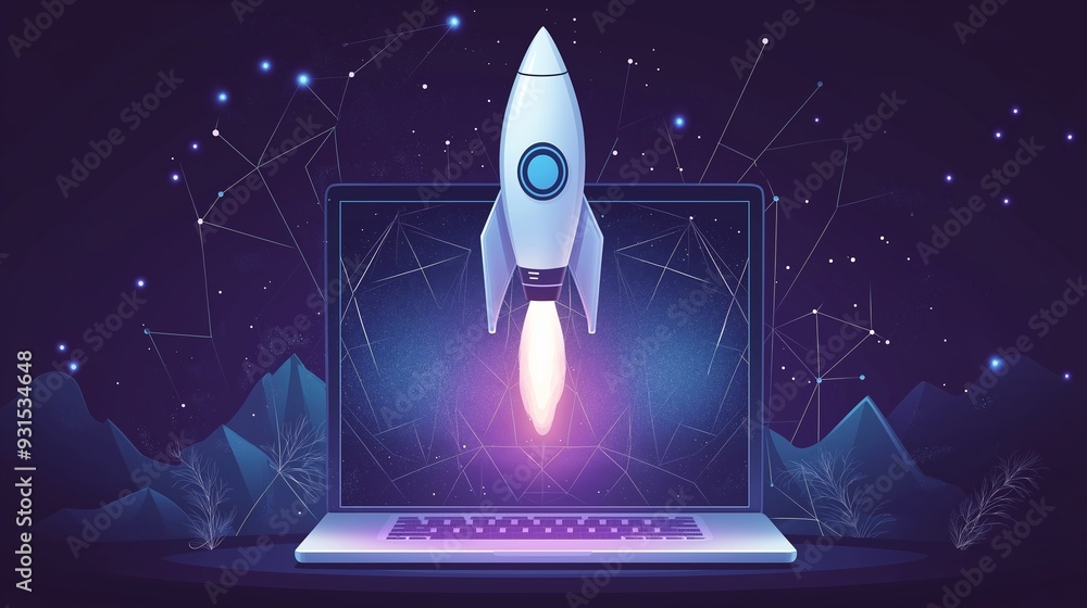 Aufkleber a computer screen shows a rocket launching into space. the image has a futuristic and adventurous mo