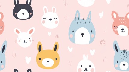 Cute and colorful animal patterns with adorable faces ideal for children's products and decorations.