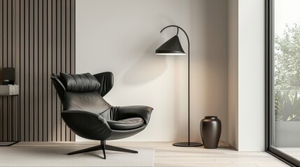 A light black armchair in a contemporary living room, paired with a modern floor lamp